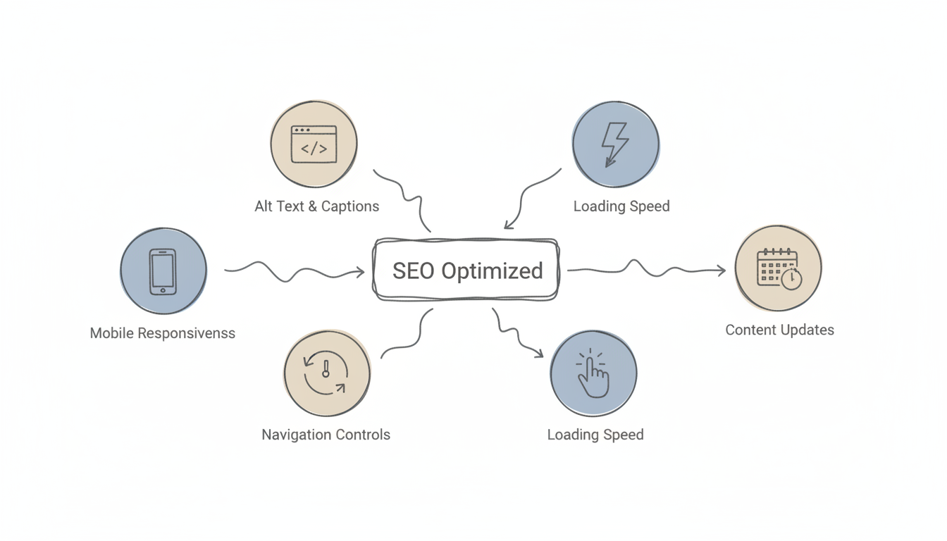 SEO Best Practices Framework - Key optimization areas for carousels and sliders including mobile responsiveness, alt text, loading speed, content updates, and navigation controls