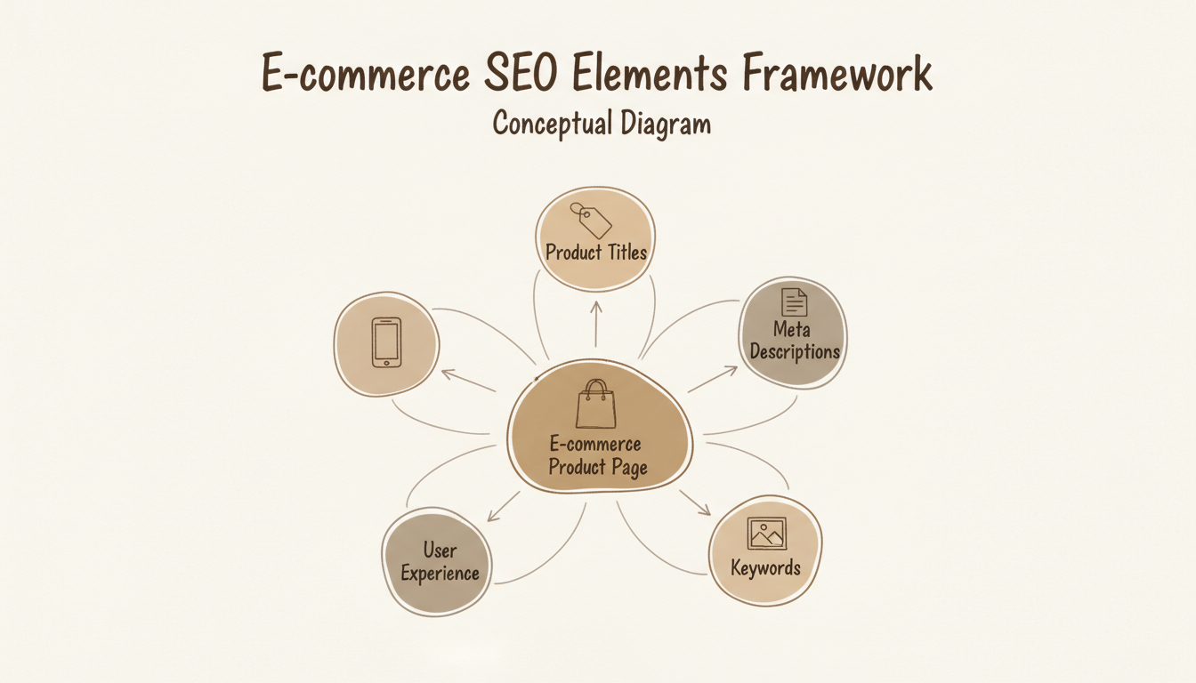 E-commerce SEO Elements Framework showing the core components: Product Titles, Meta Descriptions, Image Optimization, Keywords, and User Experience connected to a central product page
