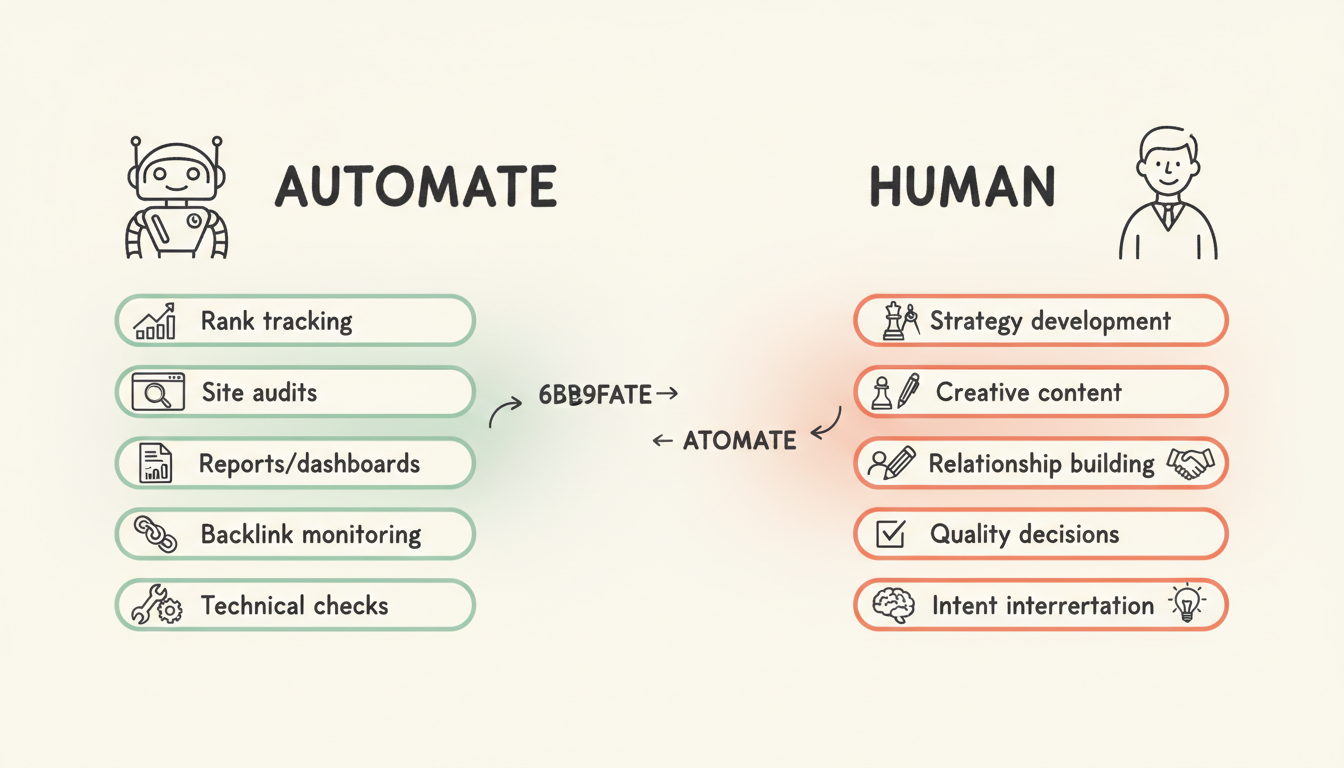 SEO Automation Spectrum - Tasks to automate vs tasks requiring human judgment