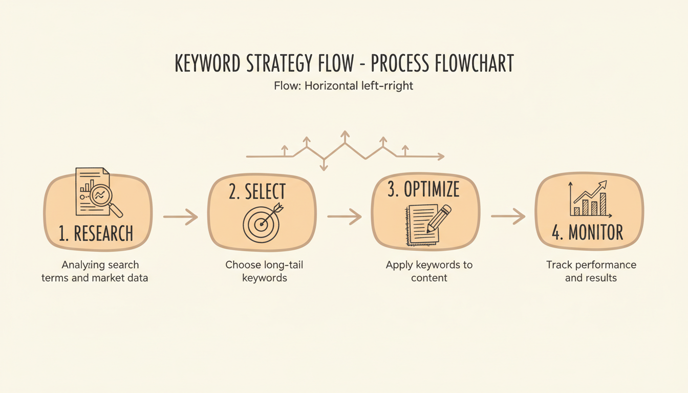 Keyword Strategy Flow showing the 4-step process: Research → Select Long-tail Keywords → Optimize Content → Monitor Results