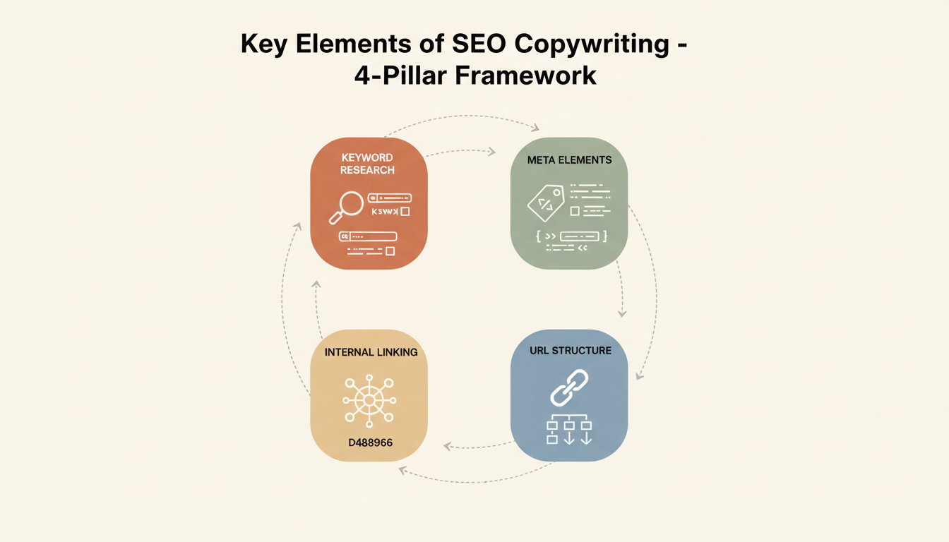 Key Elements of SEO Copywriting - Four pillars showing Keyword Research, Meta Elements, URL Structure, and Internal Linking