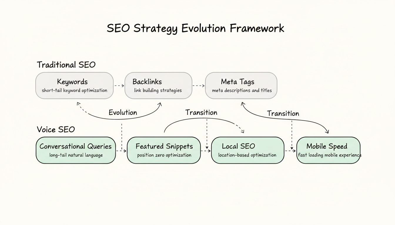 Framework diagram showing the evolution from traditional SEO tactics to voice SEO priorities including conversational queries, featured snippets, local SEO, and mobile speed