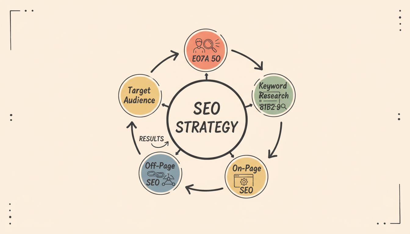 SEO Strategy Framework showing the four key components: Target Audience, Keyword Research, On-Page SEO, and Off-Page SEO interconnected in a holistic approach
