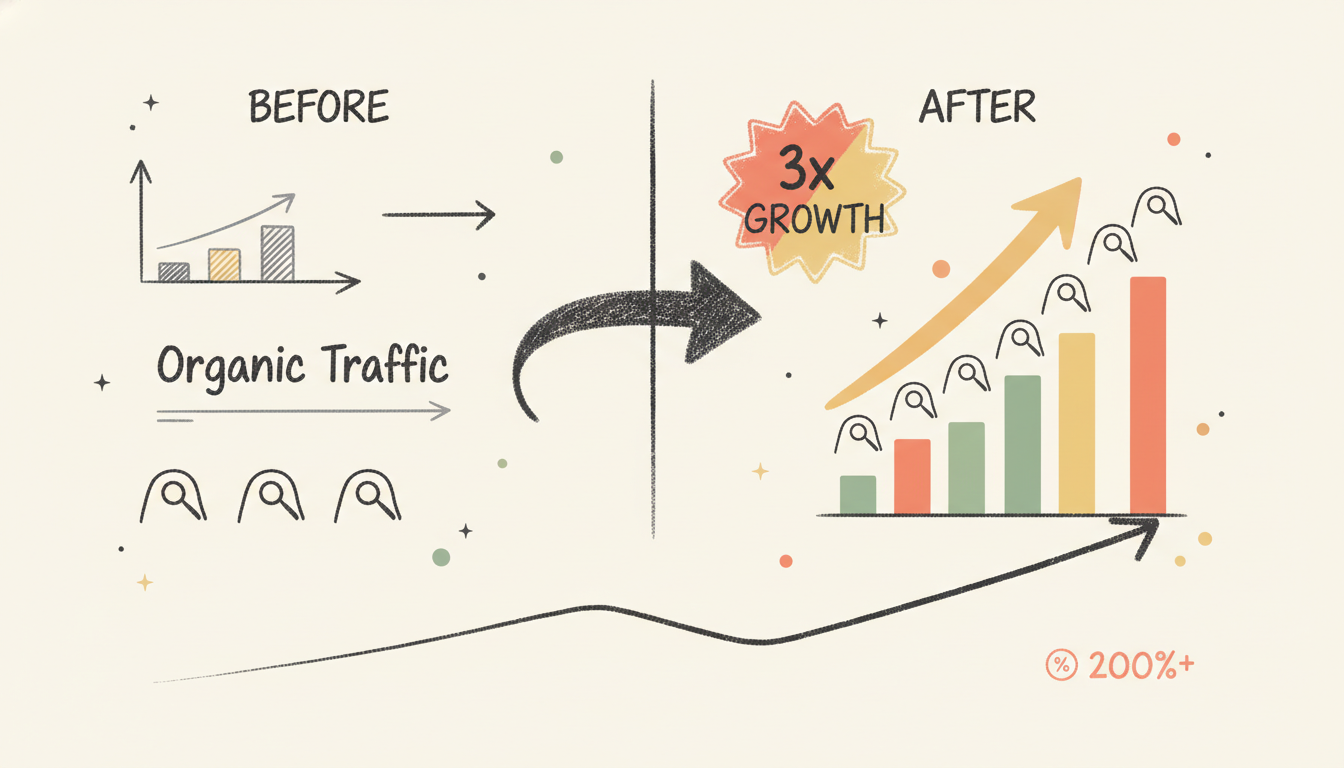 Traffic Growth Impact visualization showing 3x increase in organic traffic with before and after comparison