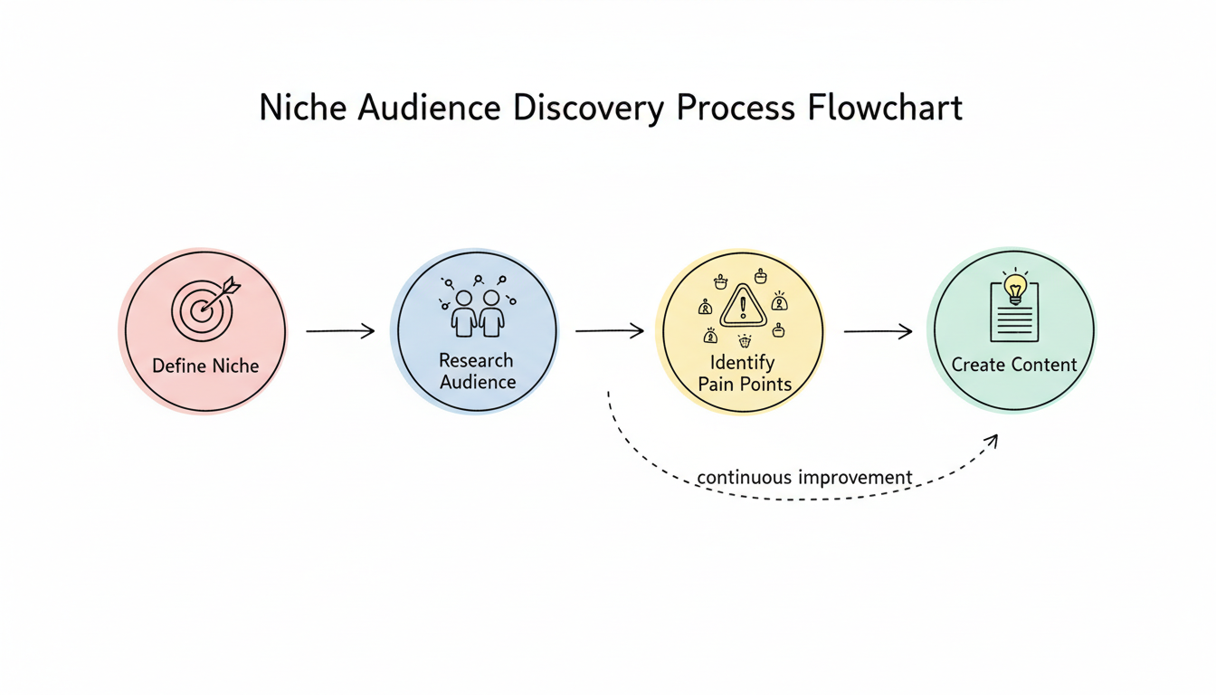 Niche audience discovery process showing four steps: define niche, research audience, identify pain points, and create content