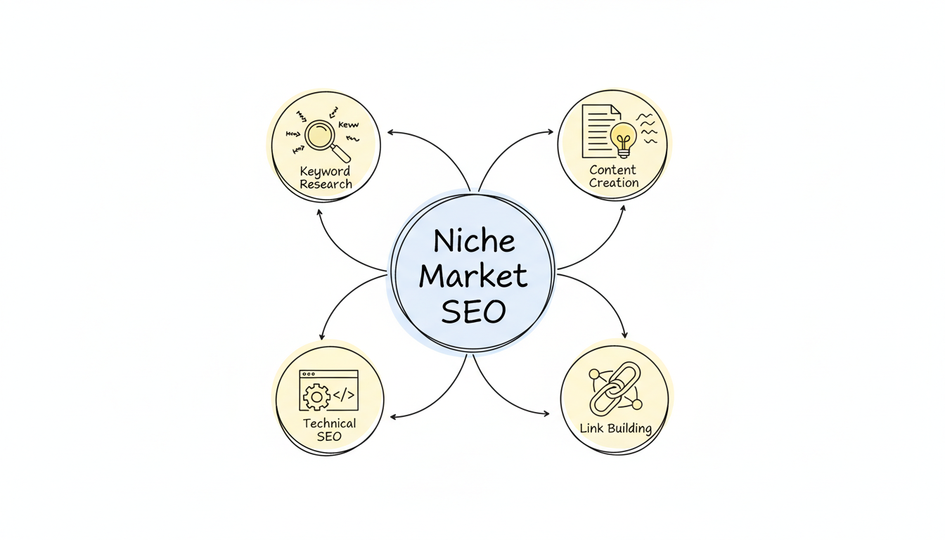 SEO strategy framework showing the four pillars: keyword research, content creation, technical SEO, and link building