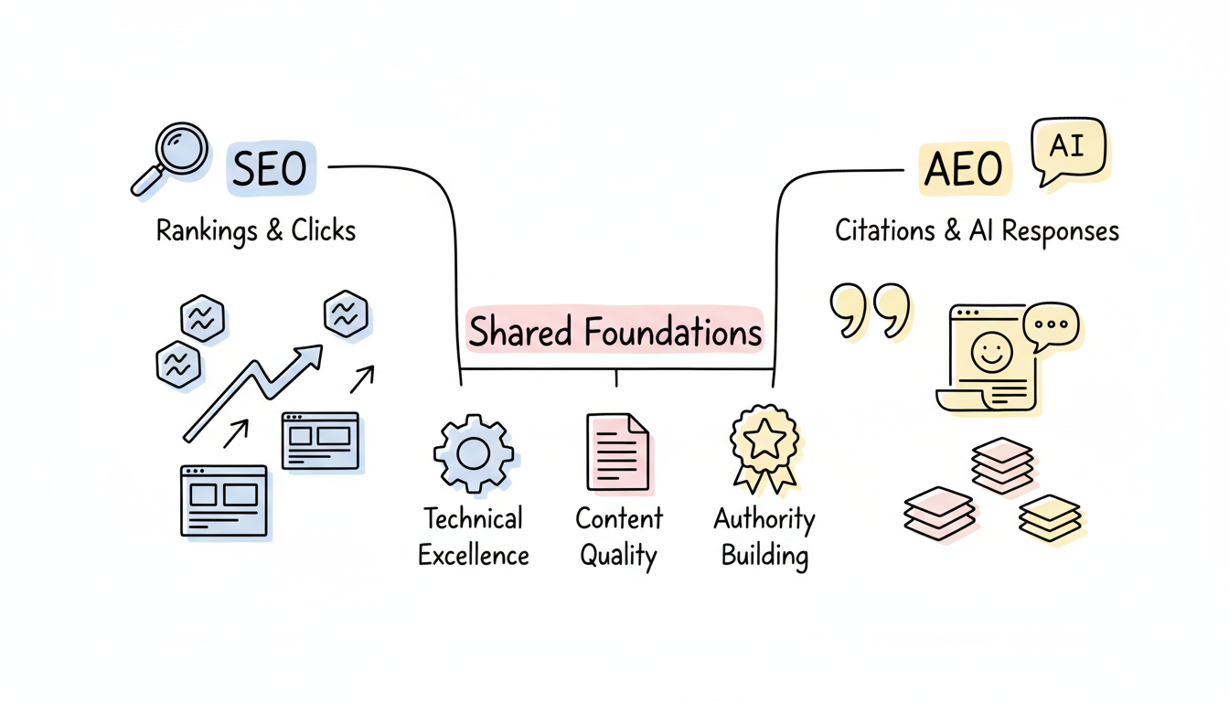 Comparison of SEO vs AEO showing their key differences and shared foundations