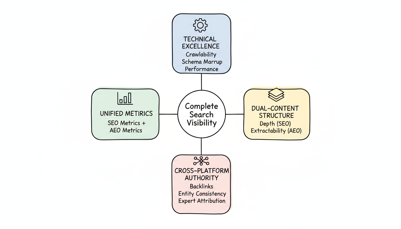Framework for integrating SEO and AEO with four key pillars: Technical Excellence, Dual-Content Structure, Cross-Platform Authority, and Unified Metrics