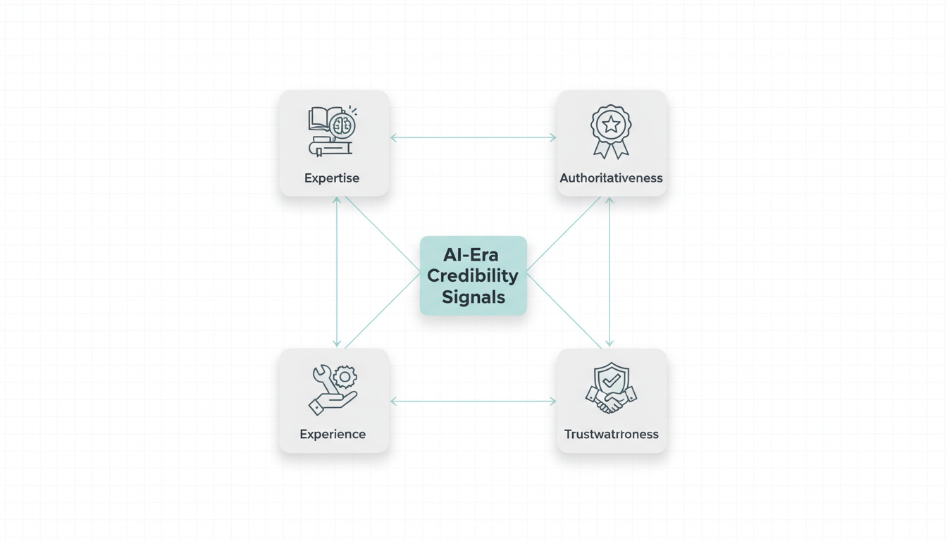 E-E-A-T Framework - The four pillars of credibility signals that AI systems evaluate: Experience, Expertise, Authoritativeness, and Trustworthiness