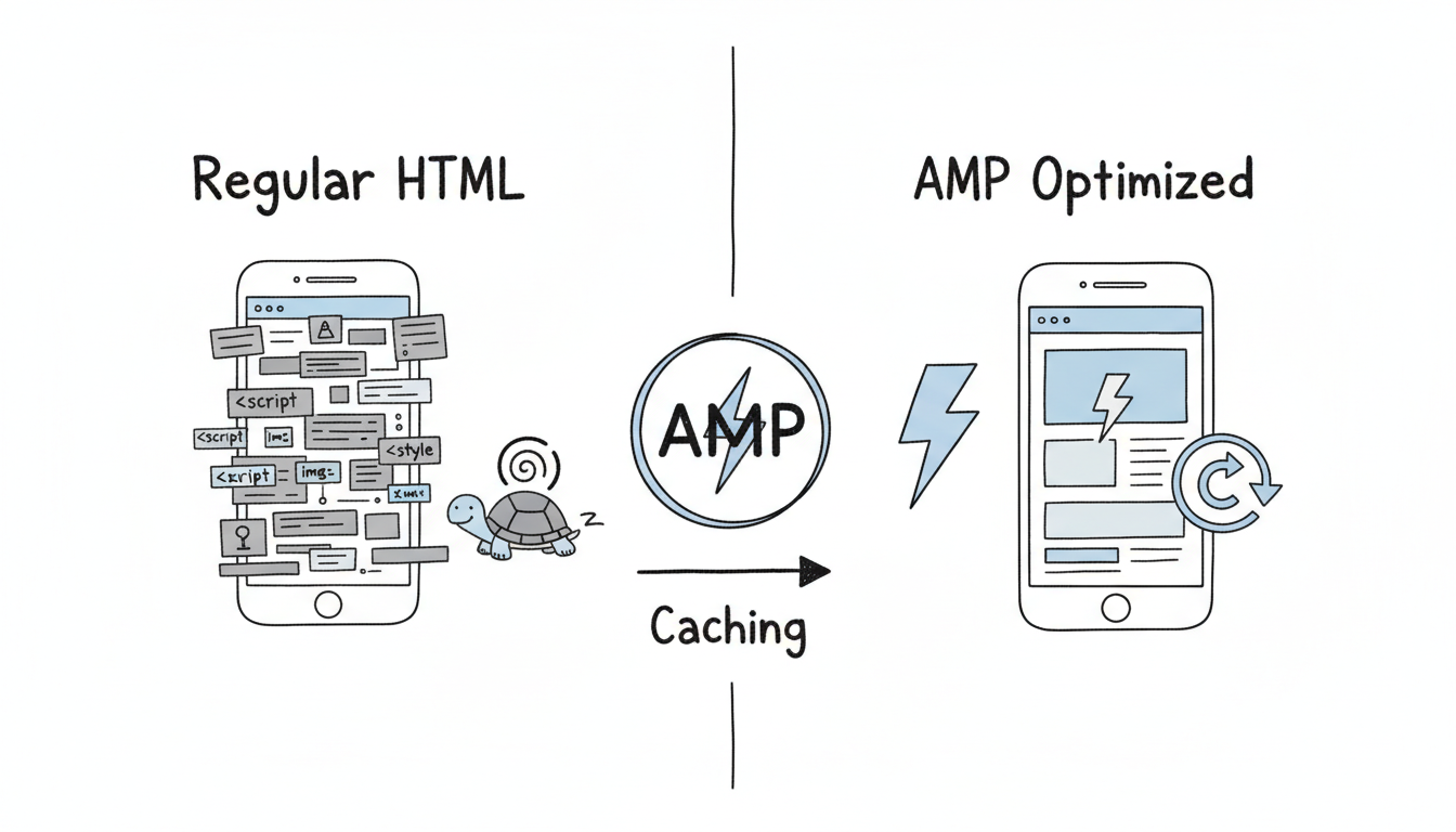 How AMP works - comparison showing regular HTML vs AMP optimized pages with caching mechanism