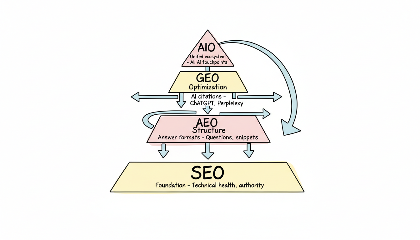 Interconnected framework showing how SEO, AEO, GEO, and AIO build upon each other as a unified ecosystem