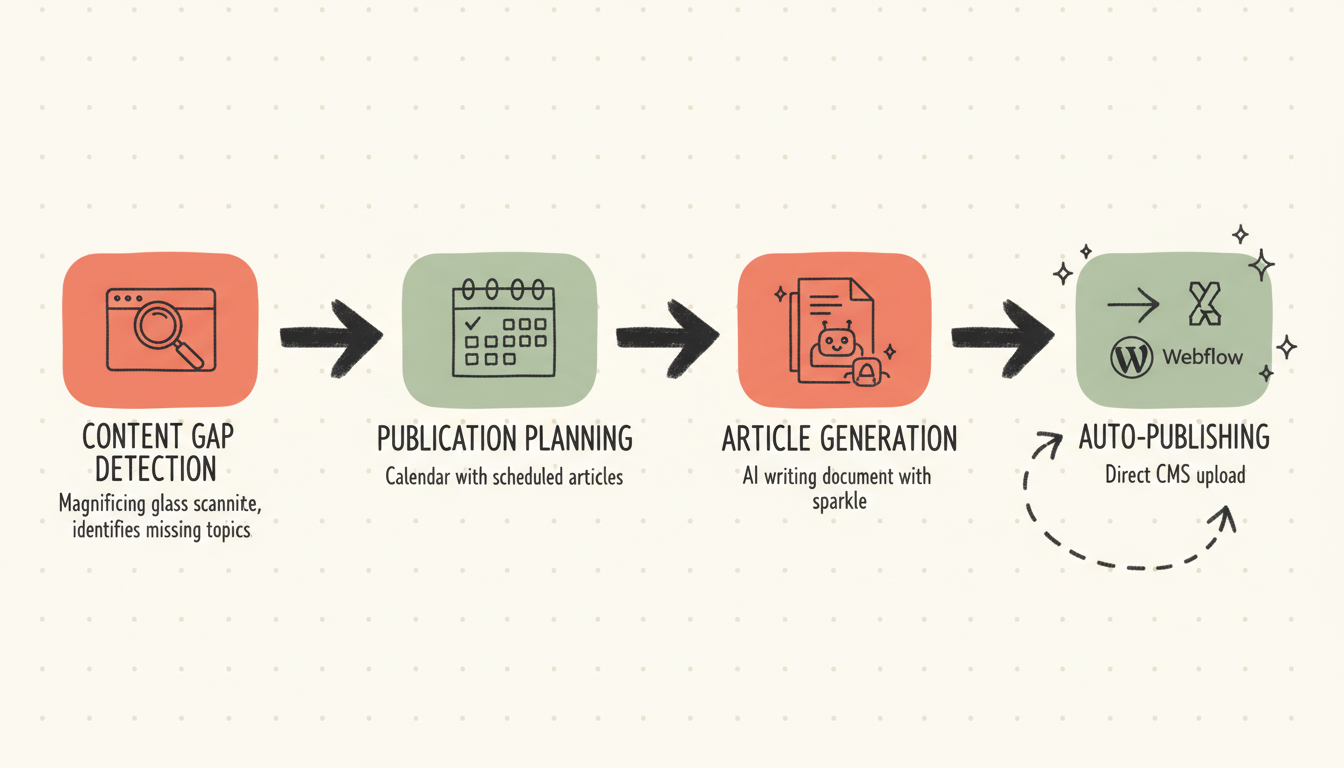 SEO.ai autopilot workflow flowchart showing content gap detection, publication planning, article generation, and auto-publishing