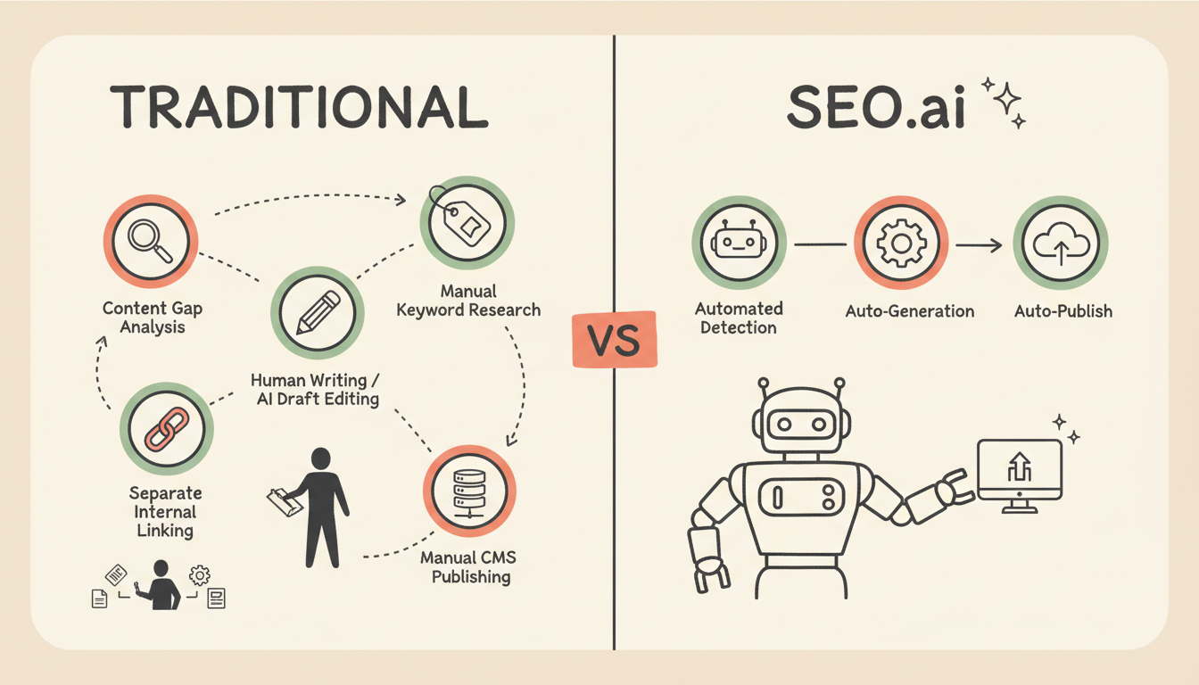 Traditional SEO workflow versus SEO.ai automated approach - comparison showing manual steps vs autopilot workflow