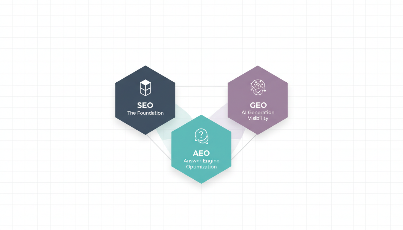 SEO, GEO, AEO Three-Discipline Framework showing three interconnected nodes representing SEO (Foundation), GEO (AI Generation), and AEO (Answer Delivery)