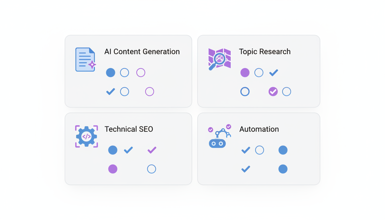 Feature comparison matrix showing AI Content, Topic Research, Technical SEO, and Automation capabilities