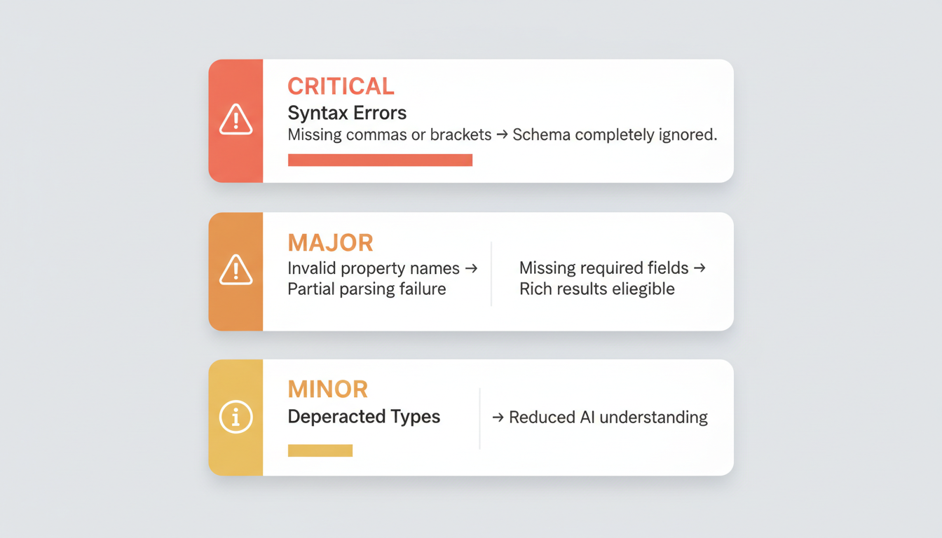 Schema Validation Issues Impact Matrix - Infographic showing Critical (syntax errors), Major (invalid properties, missing fields), and Minor (deprecated types) severity levels