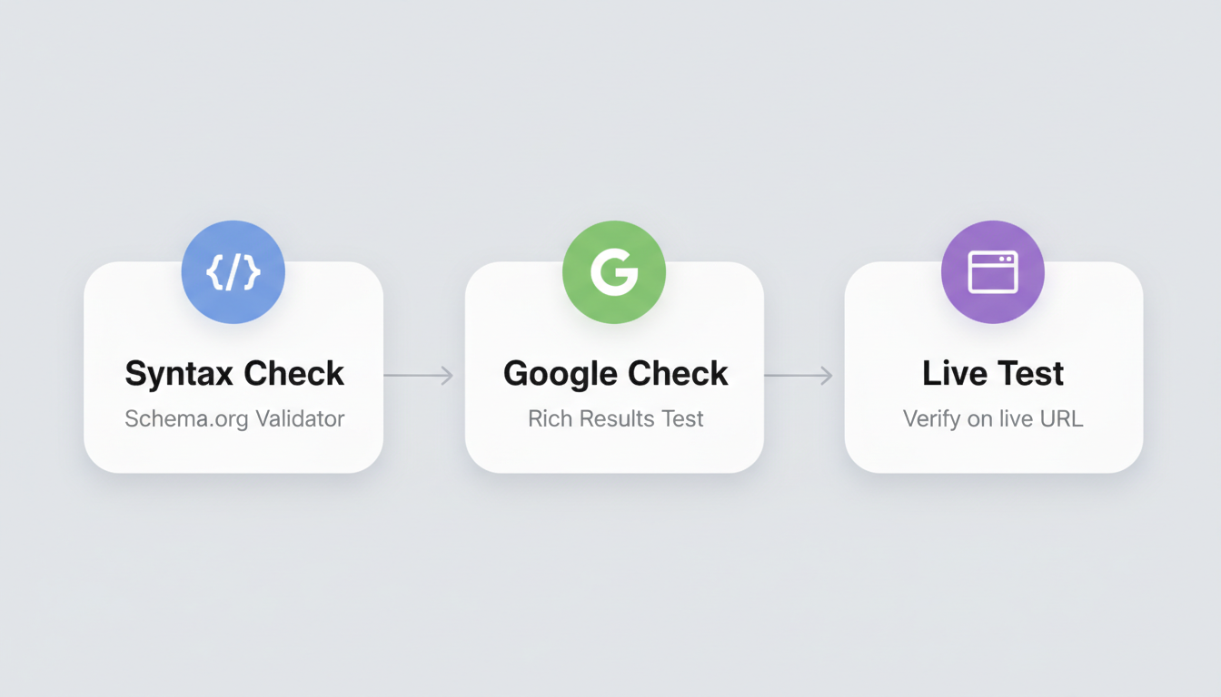 3-Step Schema Validation Workflow - Flowchart showing Syntax Check (Schema.org Validator), Google Check (Rich Results Test), and Live Test verification steps