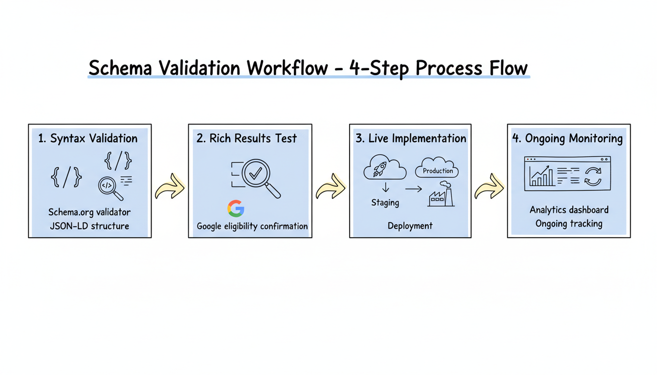 Schema validation workflow showing the four-step process from syntax validation through ongoing monitoring