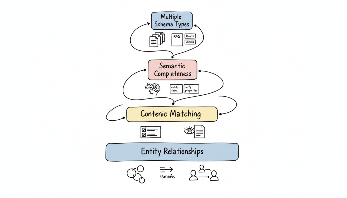AI search schema validation framework showing the four-tier hierarchy from entity relationships to multiple schema types