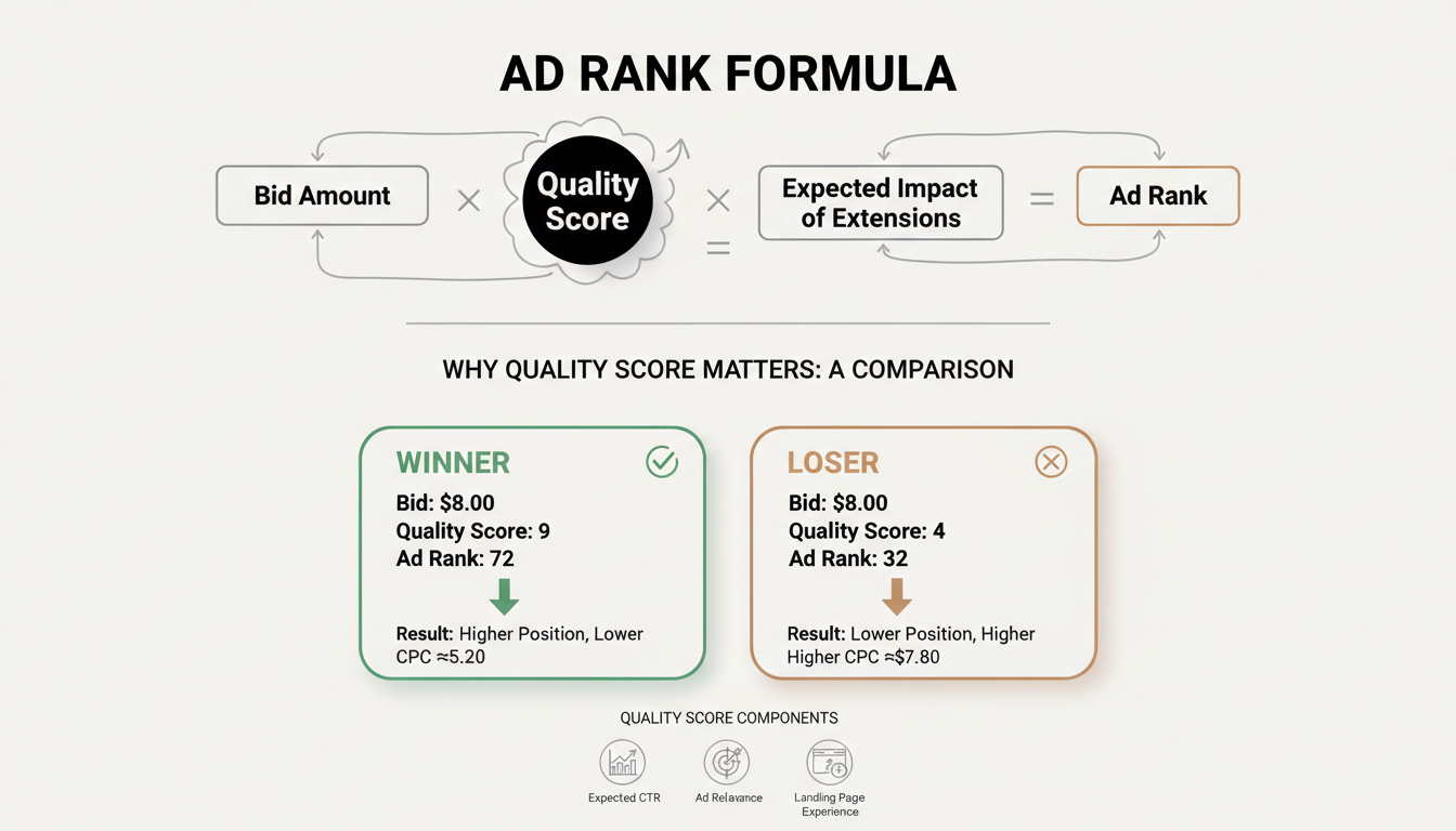The Ad Rank formula showing how Bid Amount × Quality Score × Extensions determines ad position, with a comparison of high vs low Quality Score scenarios