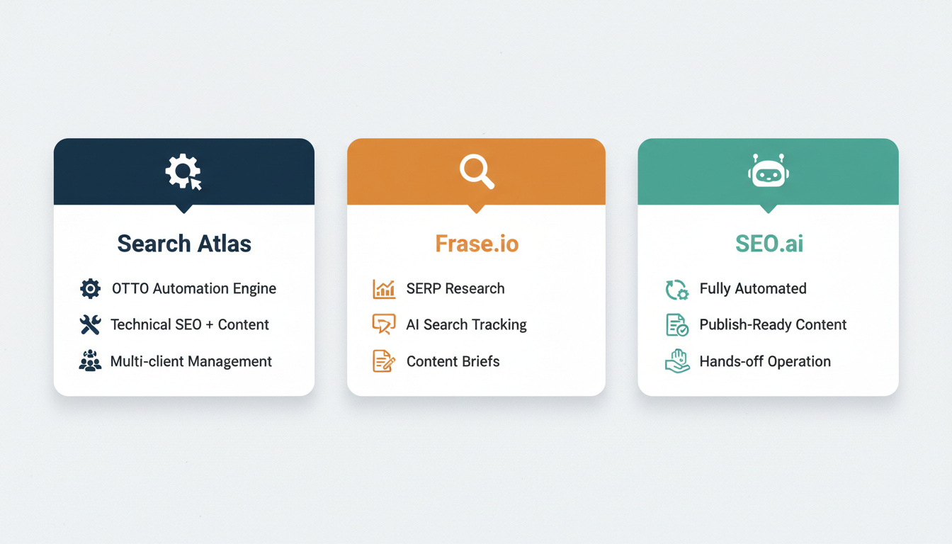 Comparison of Search Atlas, Frase.io, and SEO.ai - Three AI SEO tools with different approaches to automation and content optimization