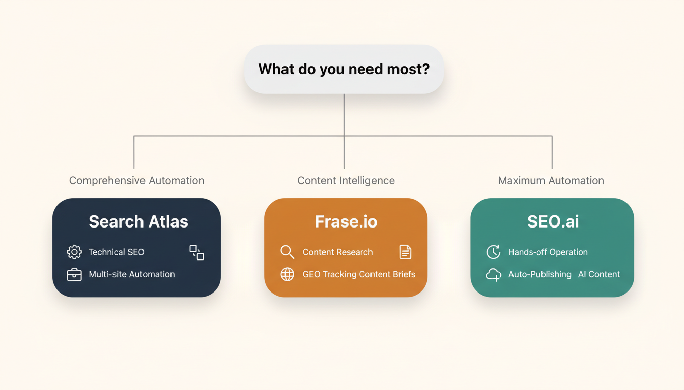 Decision tree flowchart for choosing between Search Atlas, Frase.io, and SEO.ai based on your SEO needs and automation preferences