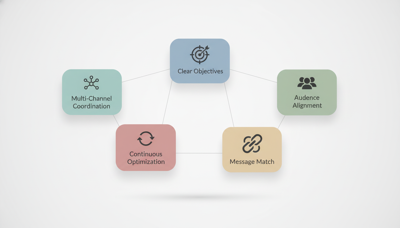 Core elements of effective SEM campaigns: Clear Objectives, Audience Alignment, Message Match, Continuous Optimization, and Multi-Channel Coordination