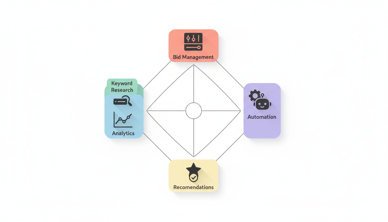 SEM tools framework showing the five core categories: Keyword Research, Bid Management, Analytics, Automation, and Recommendations