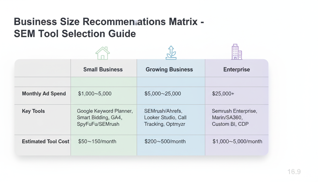 Business size recommendations matrix comparing Small Business, Growing Business, and Enterprise tool requirements and costs
