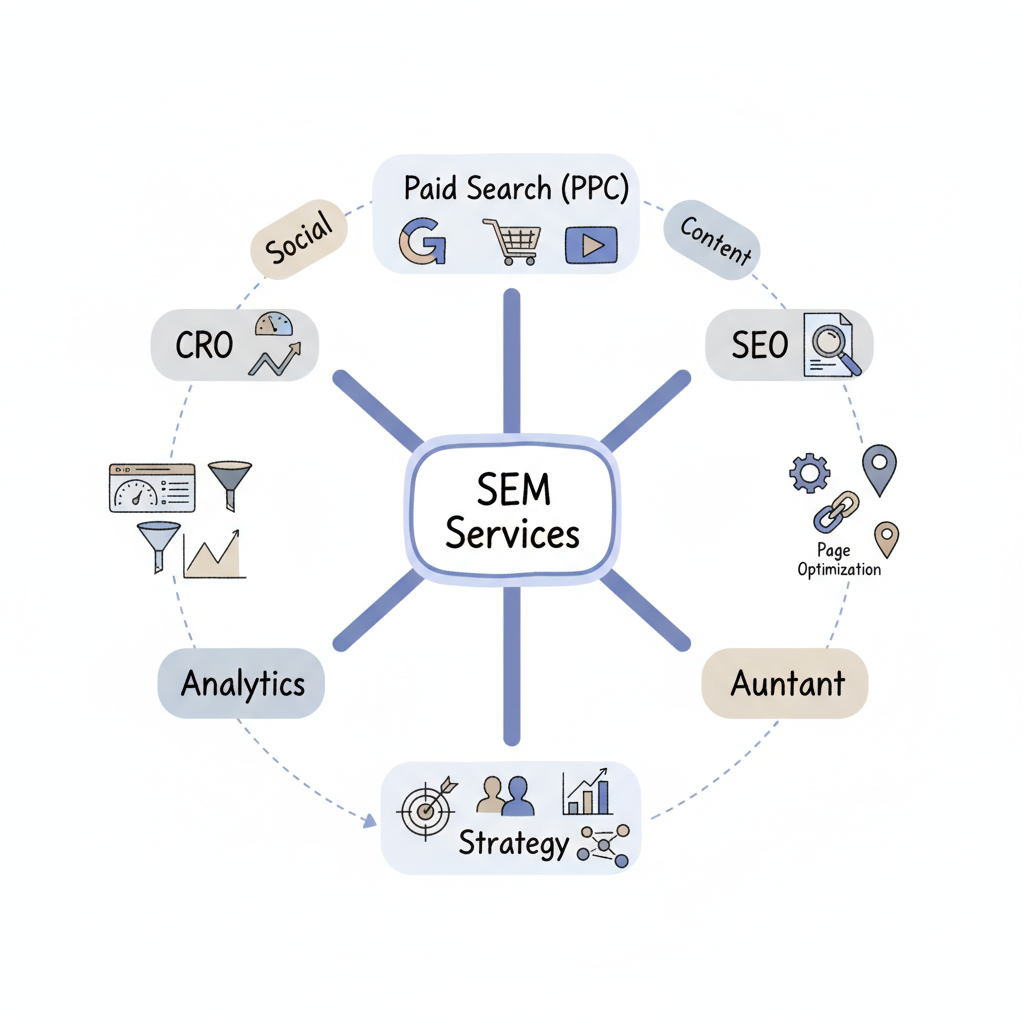 SEM services ecosystem showing PPC, SEO, strategy, and analytics components working together