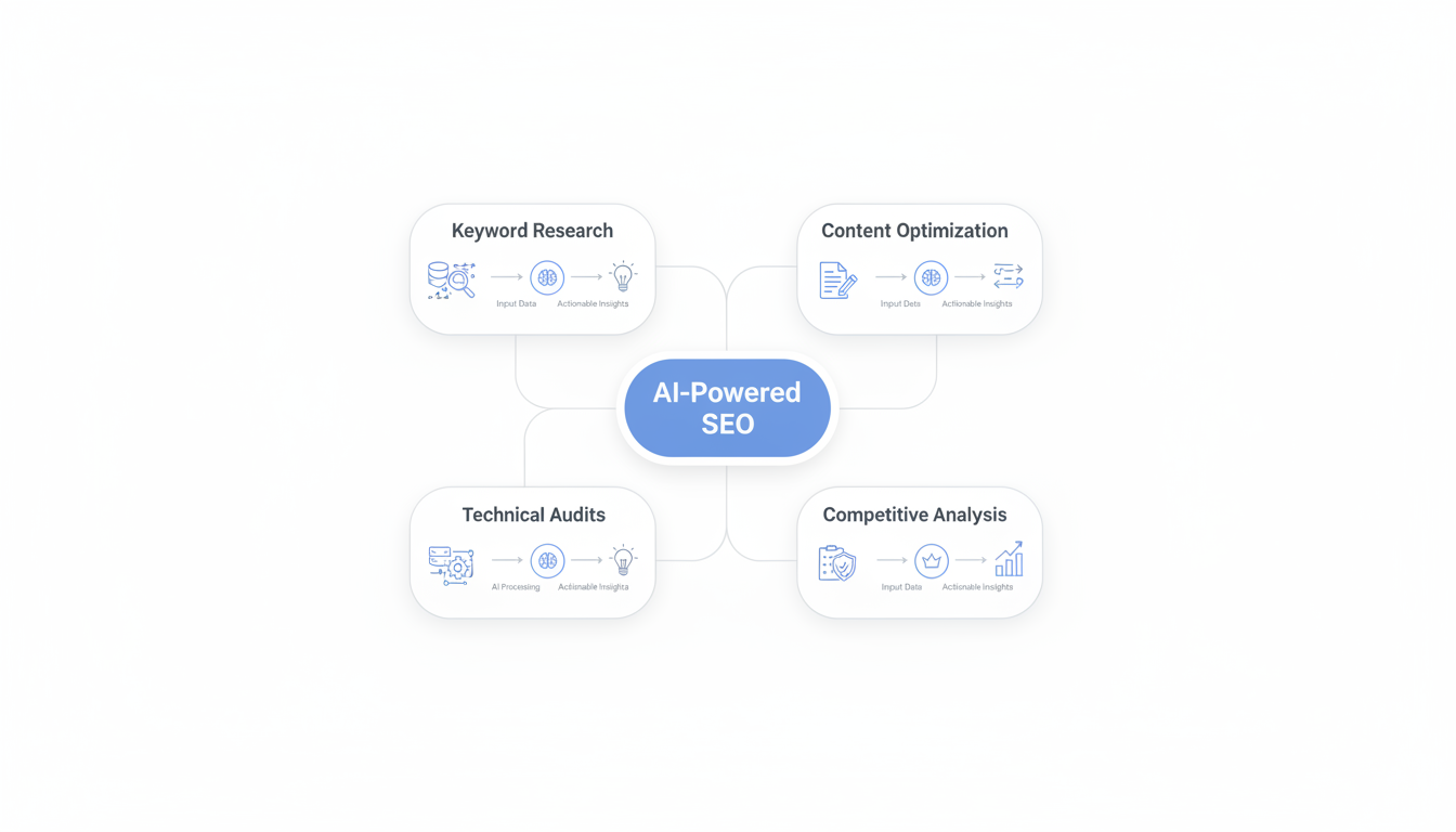 AI-powered SEO workflow framework showing four key areas: keyword research, content optimization, technical audits, and competitive analysis