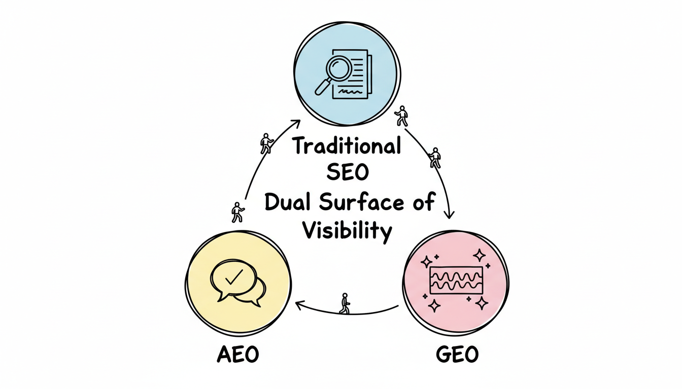 The three pillars of search visibility: Traditional SEO, AEO, and GEO work together to create comprehensive visibility across search platforms