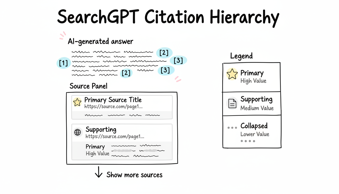 SearchGPT Citation Hierarchy showing three-tier citation system with primary, supporting, and collapsed sources