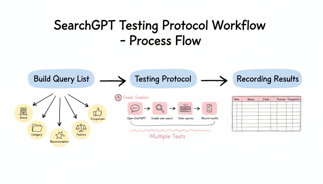 SearchGPT Testing Protocol Workflow showing systematic testing process with query categories and recording steps