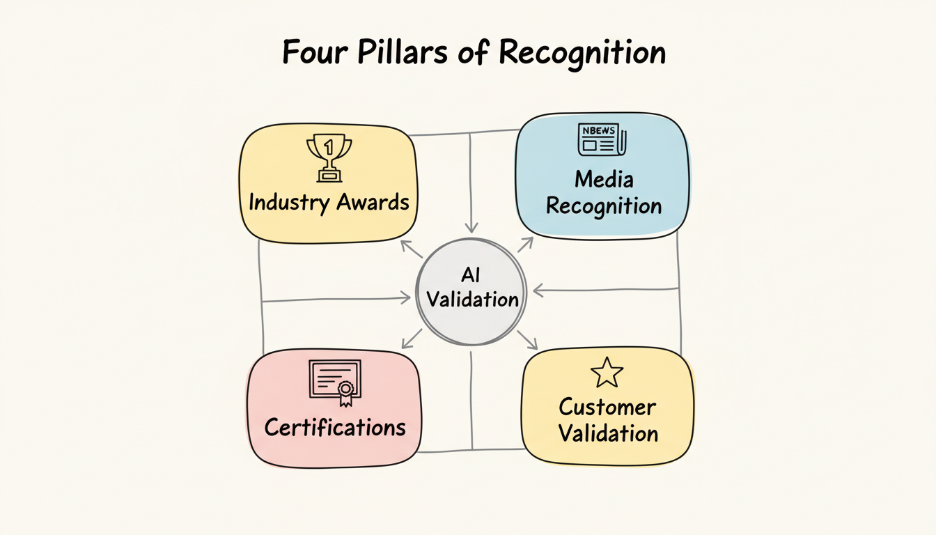 Four Pillars of Recognition - Industry Awards, Media Recognition, Professional Certifications, and Customer Validation form a comprehensive AI credibility strategy
