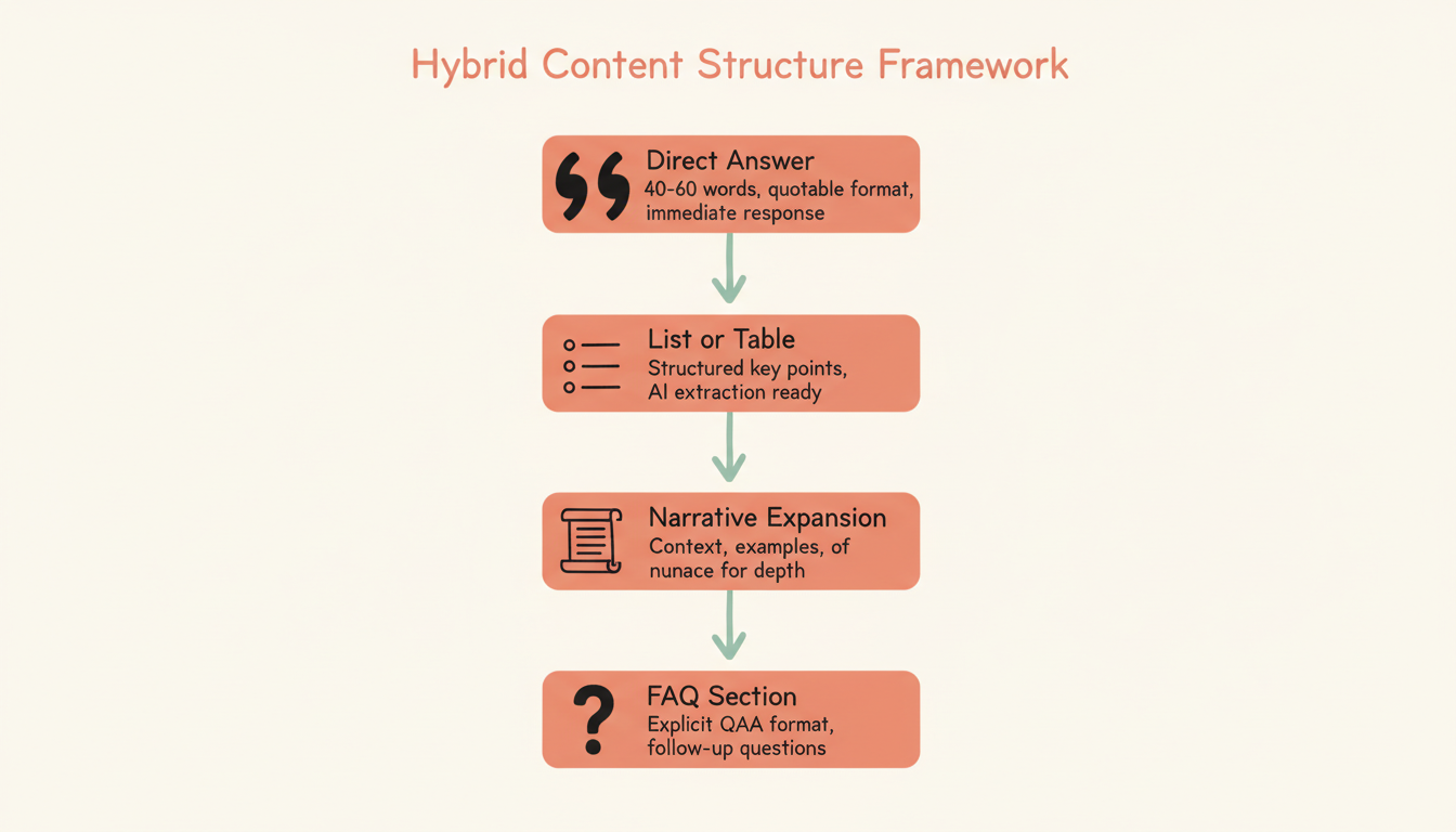 Hybrid content structure framework showing the 4-step approach: Direct answer, List/table, Narrative expansion, FAQ section