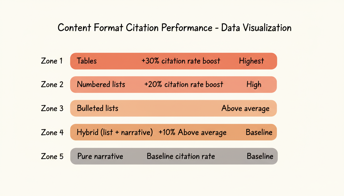 Content format citation performance comparison showing tables (+30%), numbered lists (+20%), bulleted lists (+15%), hybrid (+10%), and pure narrative (baseline)