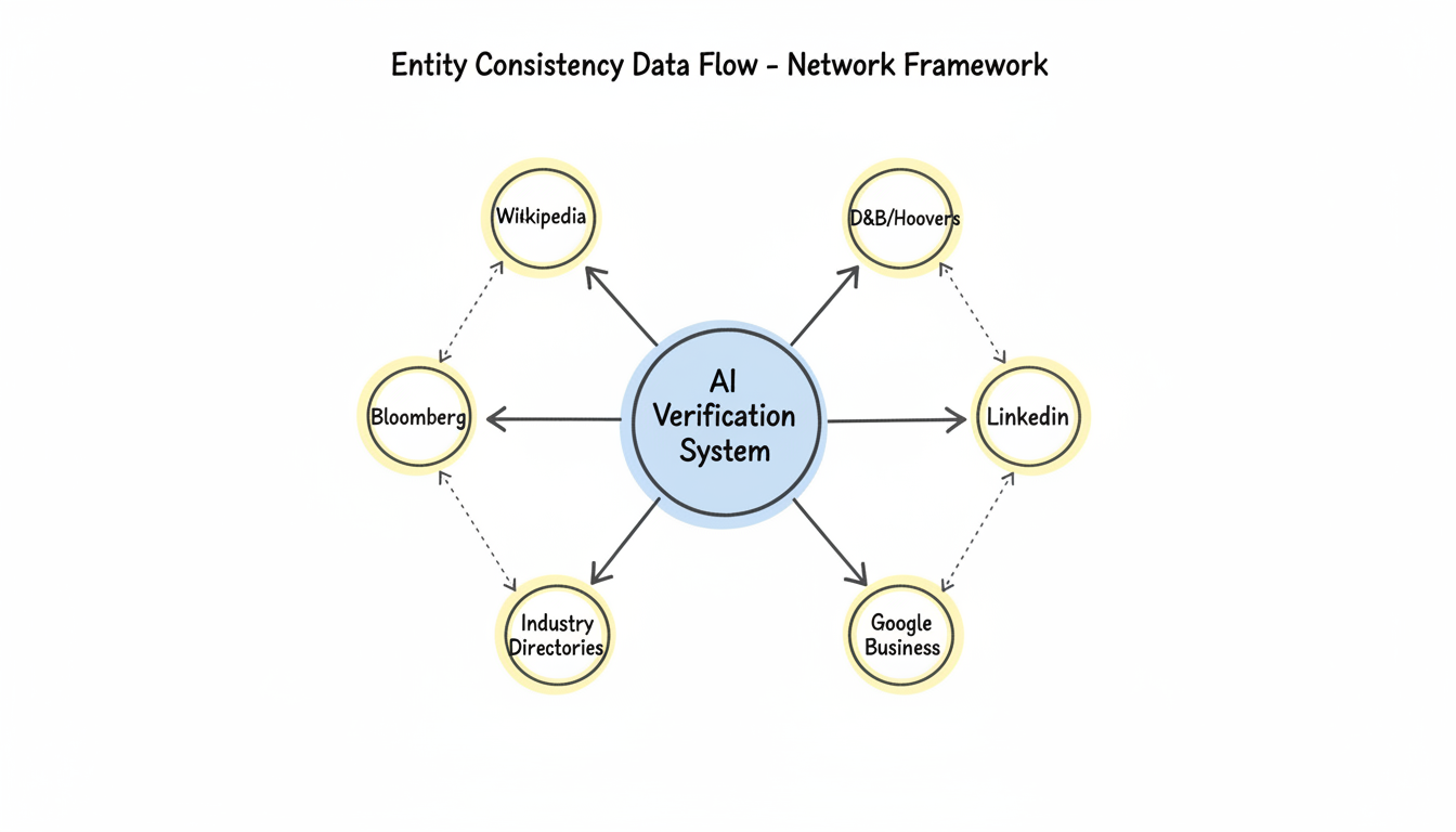 Entity Consistency Data Flow showing AI Verification System at center connected to Wikipedia, D&B/Hoovers, Bloomberg, LinkedIn, Industry Directories, and Google Business Profile with bidirectional data flow arrows