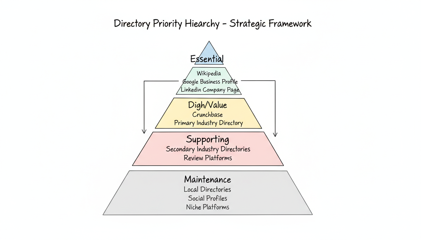 Directory Priority Hierarchy showing tiered approach: Tier 1 (Essential) with Wikipedia, Google Business Profile, LinkedIn; Tier 2 (High Value) with D&B/Hoovers, Crunchbase; Tier 3 (Supporting) with Bloomberg, industry directories; Tier 4 (Maintenance) with local directories