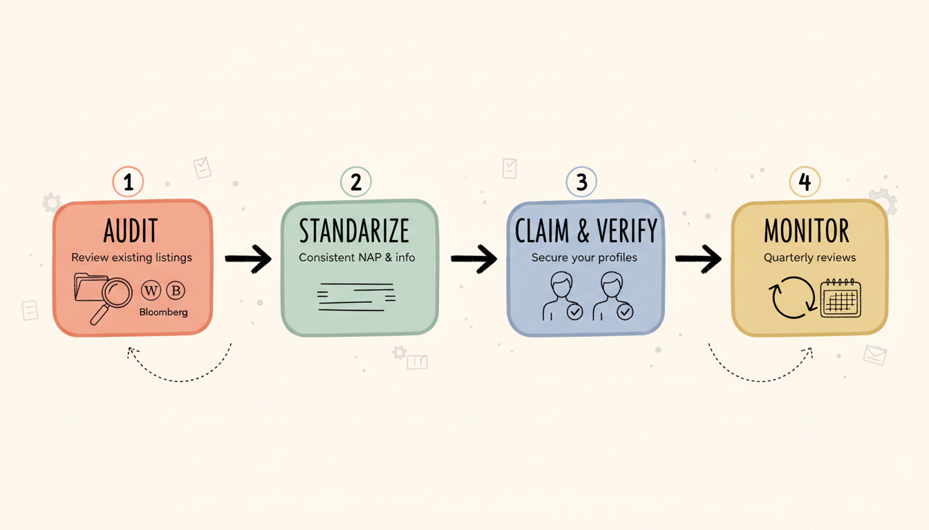 Directory Optimization Workflow showing the 4-step process: Audit, Standardize, Claim & Verify, Monitor