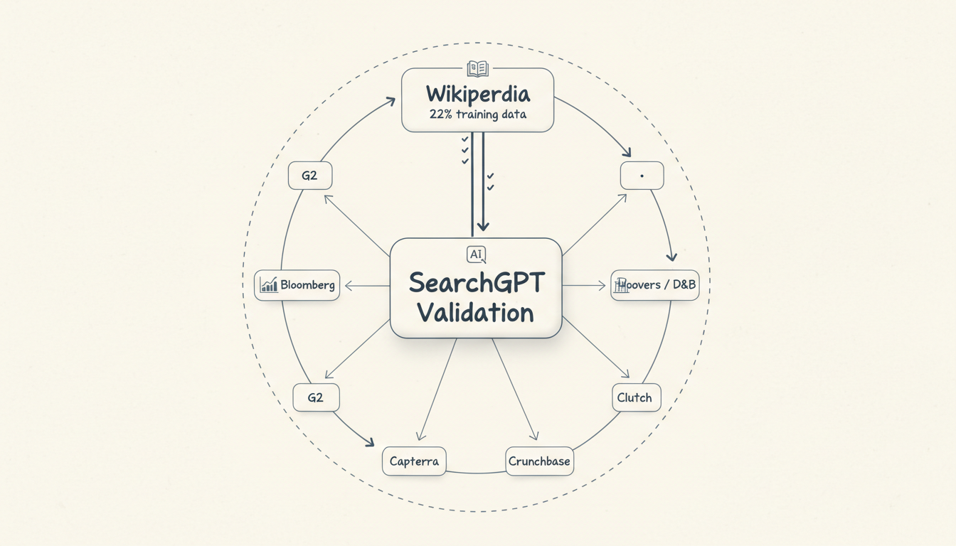 SearchGPT Directory Validation Ecosystem showing the hierarchy of authoritative directories from Wikipedia to industry-specific platforms