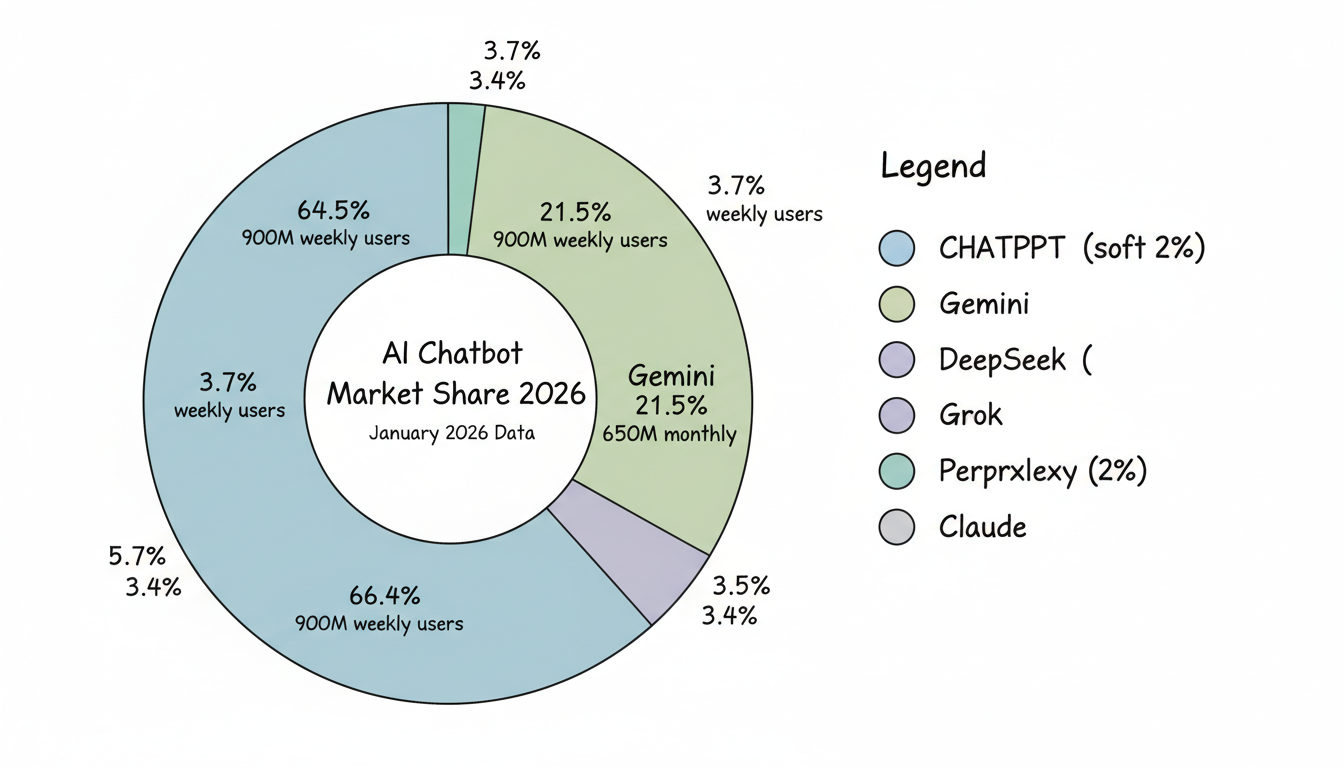 AI Chatbot Market Share Distribution 2026 - Donut chart showing ChatGPT at 64.5%, Google Gemini at 21.5%, and smaller competitors
