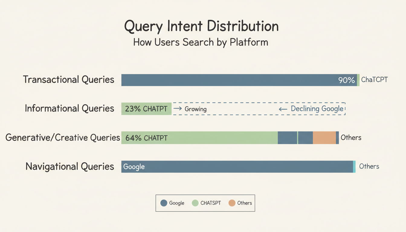 Query Intent Patterns by Platform - Bar chart comparing transactional, informational, generative/creative, and navigational query distribution across AI platforms