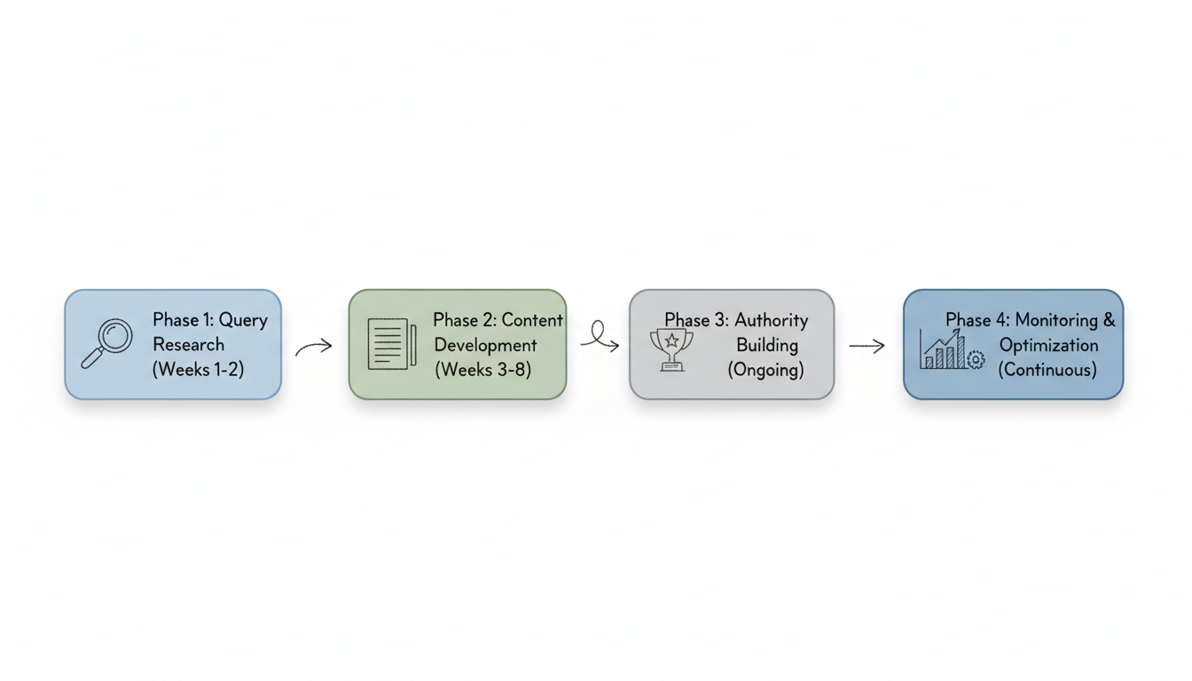 B2B AI Optimization Implementation Timeline - Four-phase process from query research to continuous monitoring