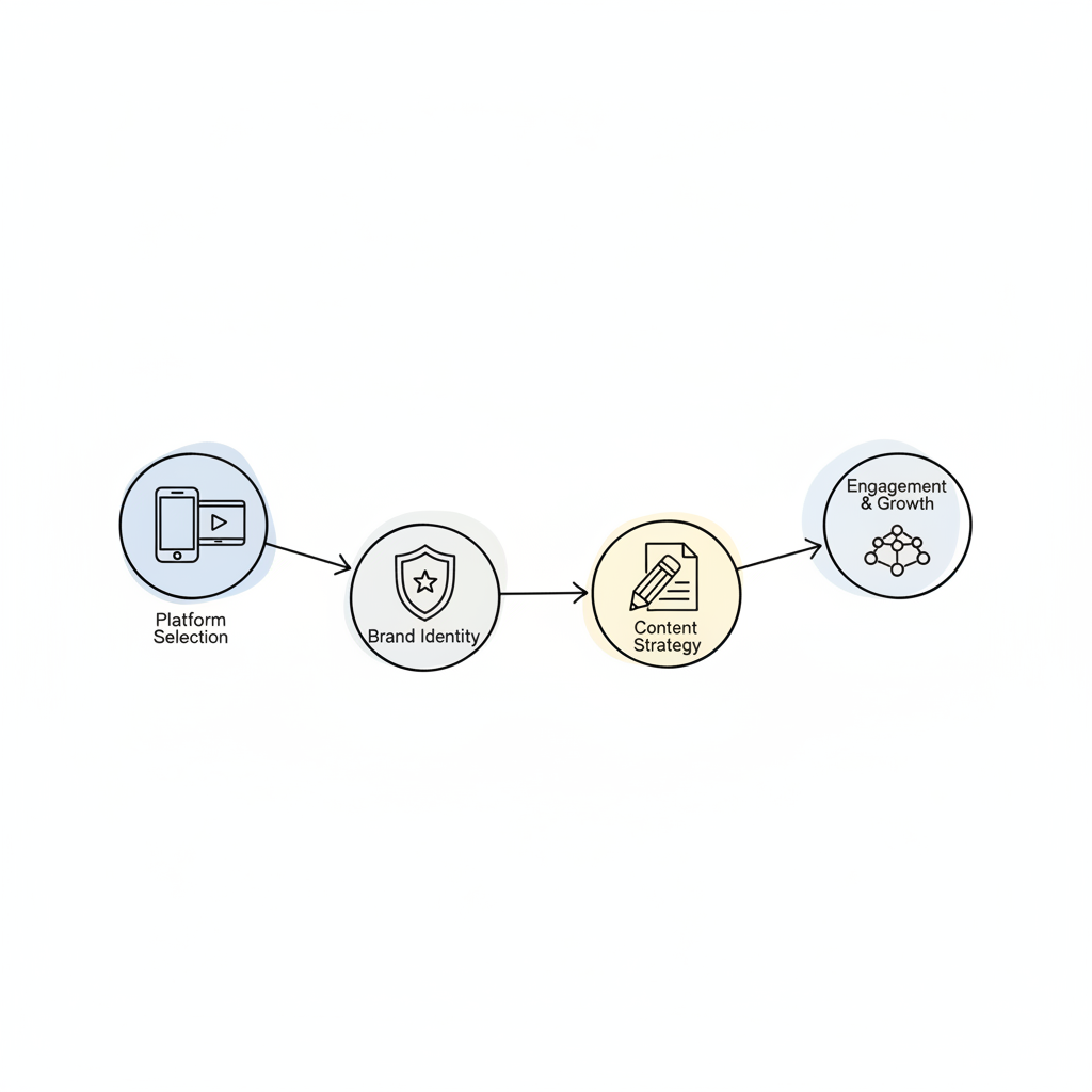 Social Media Marketing Ecosystem Framework - Four interconnected pillars showing Platform Selection, Brand Identity, Content Strategy, and Engagement & Growth for startups