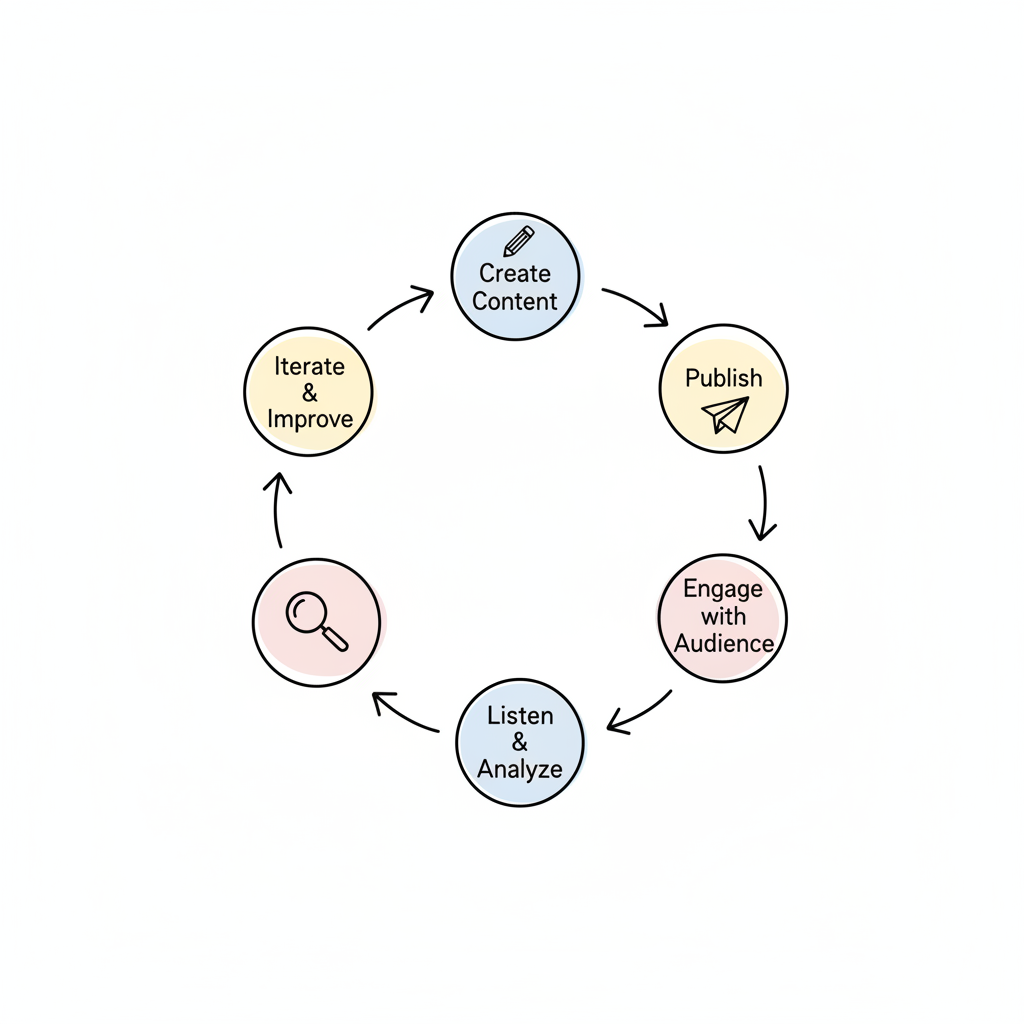 Content Creation and Engagement Cycle - Circular flowchart showing the continuous process of Create Content, Publish, Engage with Audience, Listen & Analyze, and Iterate & Improve