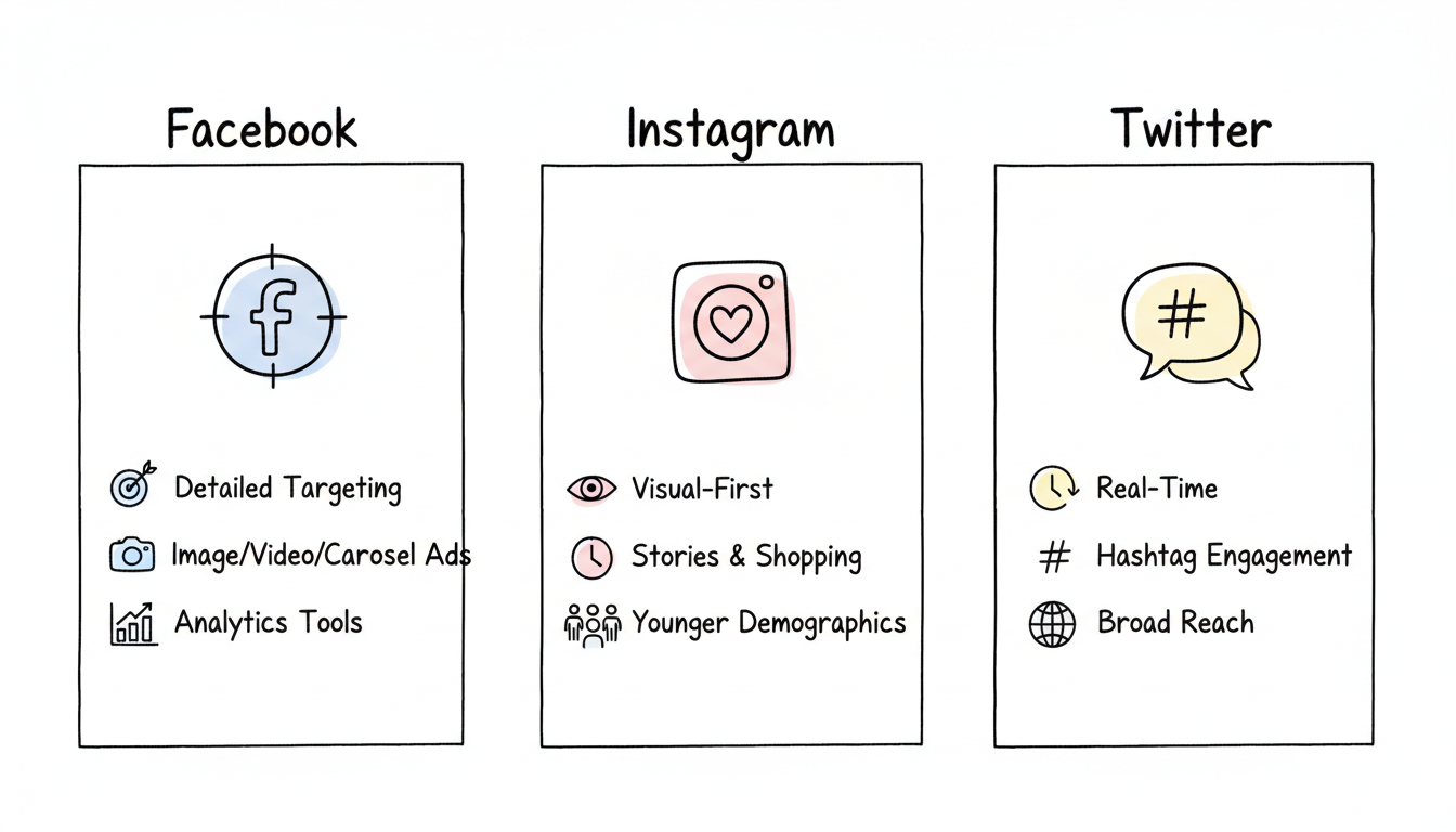 Comparison of Facebook, Instagram, and Twitter advertising platforms showing their key strengths and target demographics