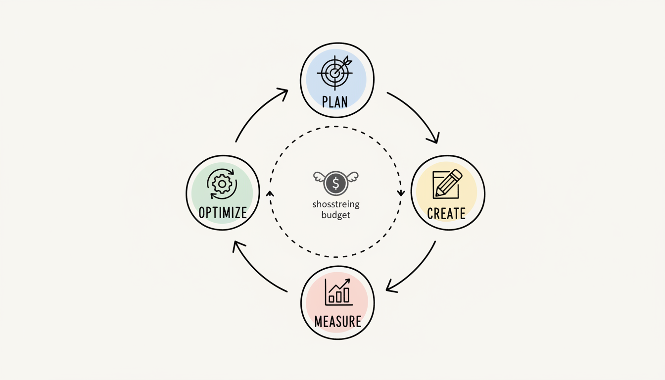 ROI optimization cycle framework showing the continuous process of planning, creating, measuring, and optimizing social media ad campaigns