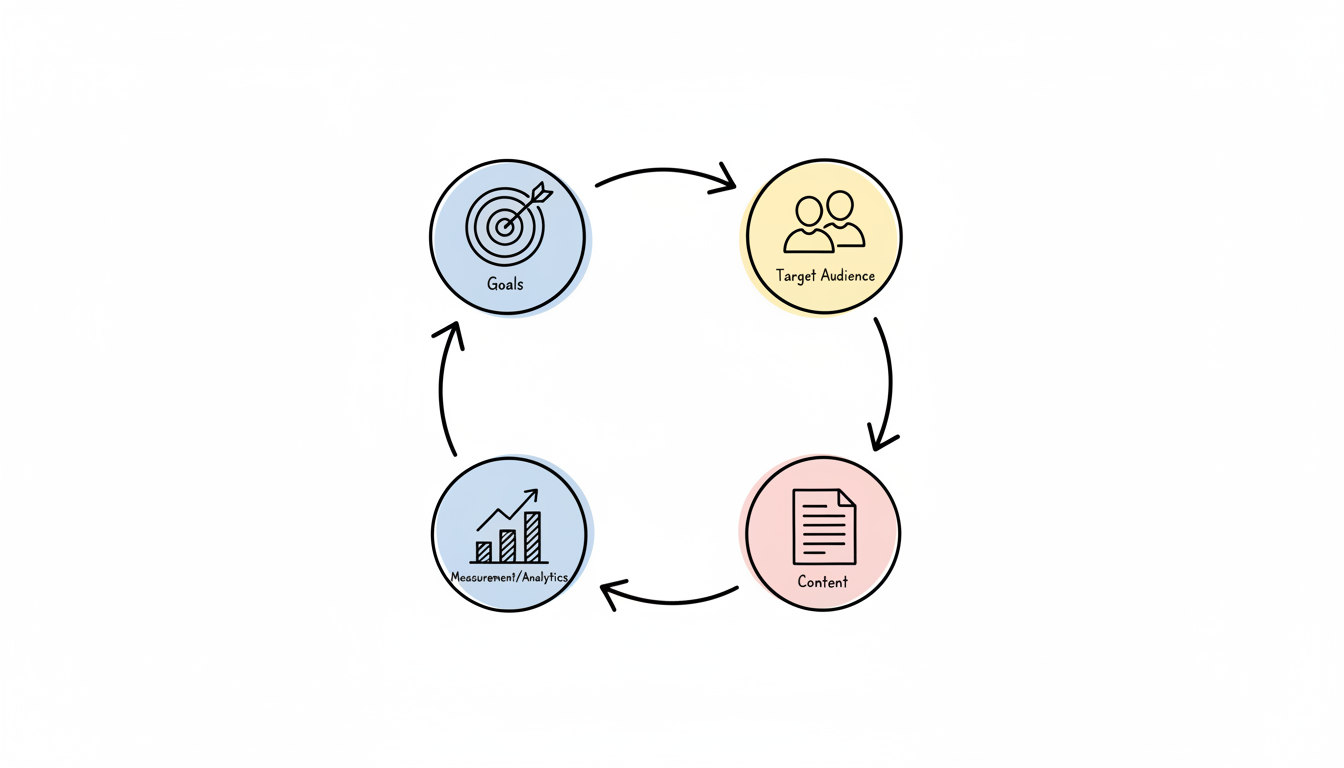Social Media Strategy Cycle - A cyclical framework showing how Goals, Audience, Content, and Measurement interconnect in an iterative process