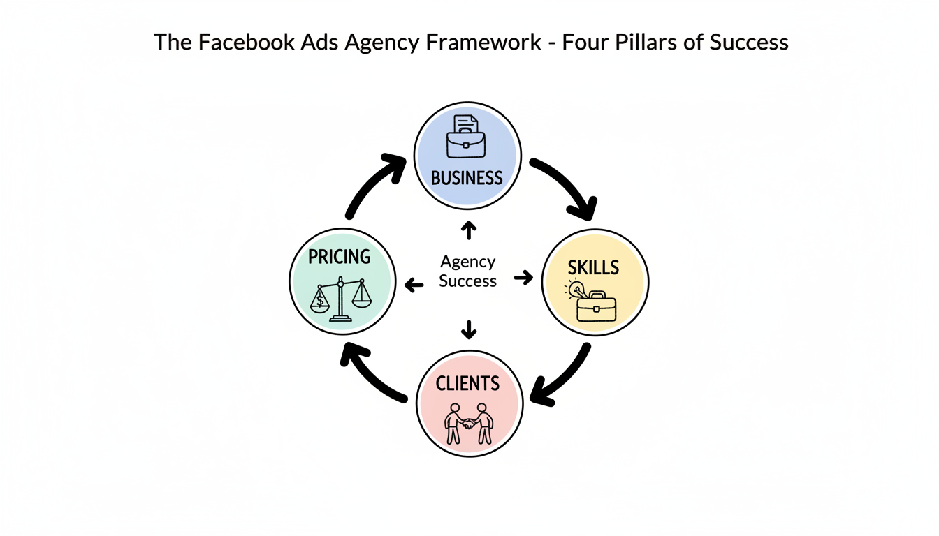 The four essential pillars of a successful Facebook ads agency: Business, Skills, Clients, and Pricing